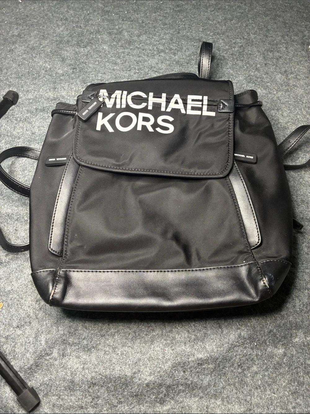 Michael Kors Quinn Black Nylon Backpack Leather Trim Luxury Bookbag